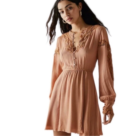 NEW Free People FP One Paige raw frayed hem mini dress Sable Sand Peach lace S - Picture 2 of 16
